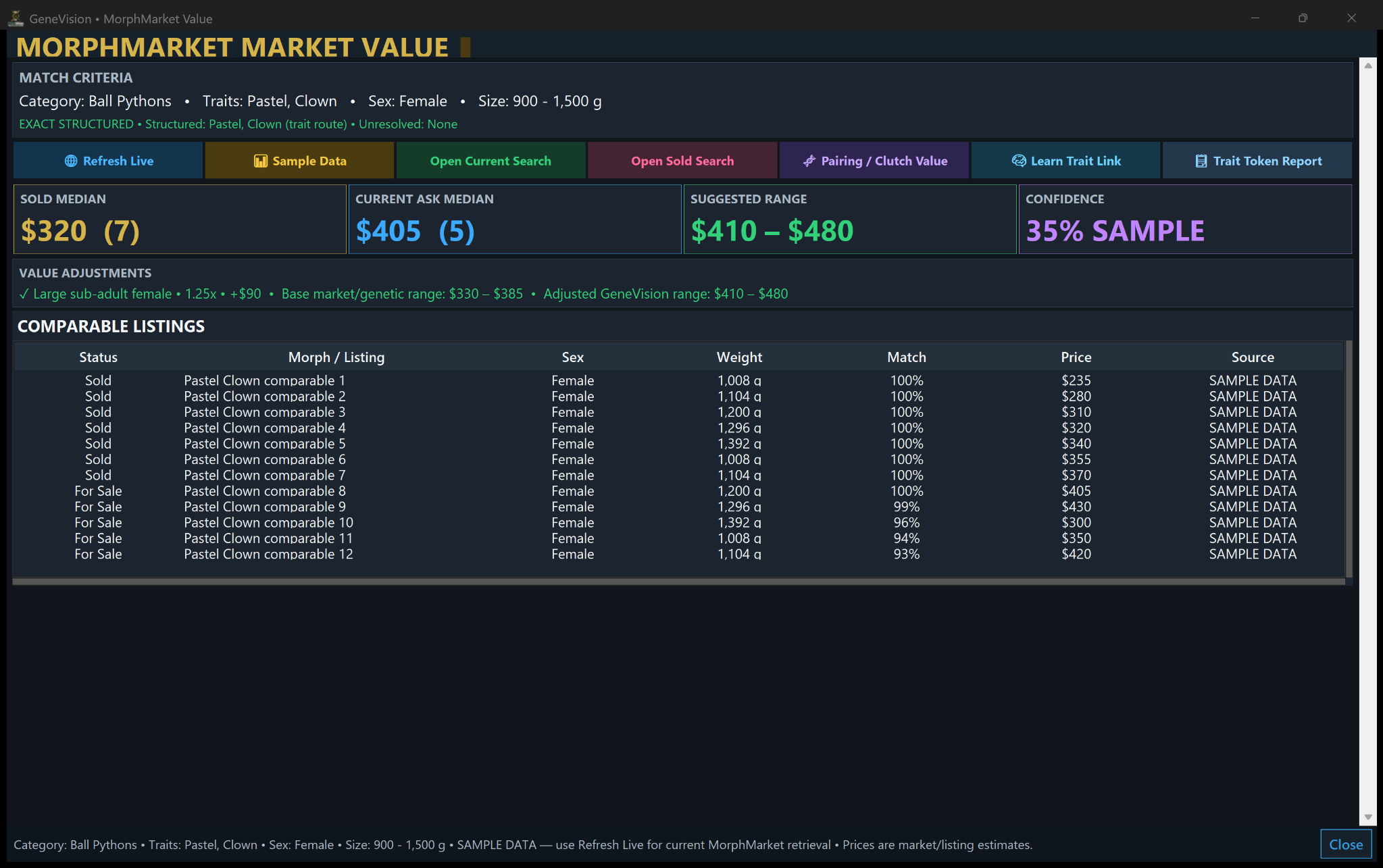 GeneVision Keeper Market Value view showing MorphMarket comparables and pricing ranges