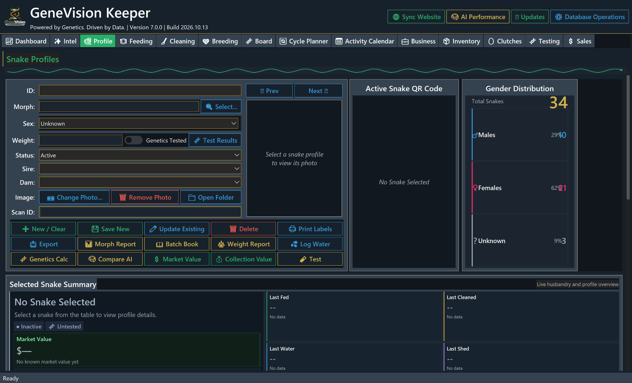 GeneVision Keeper Snake Profiles tab showing records and genetics details